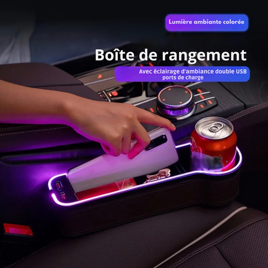 Rangement de Siège Voiture LED – Lumière Changeante, Porte-Gobelet & 2 Ports USB