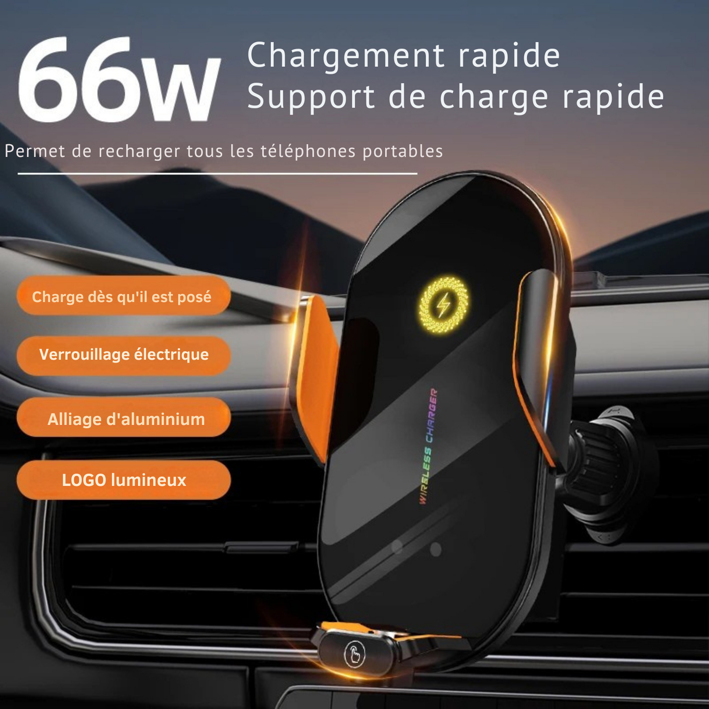 Support Téléphone Voiture Sans Fil – Chargeur Induction 66W à Détection Infrarouge