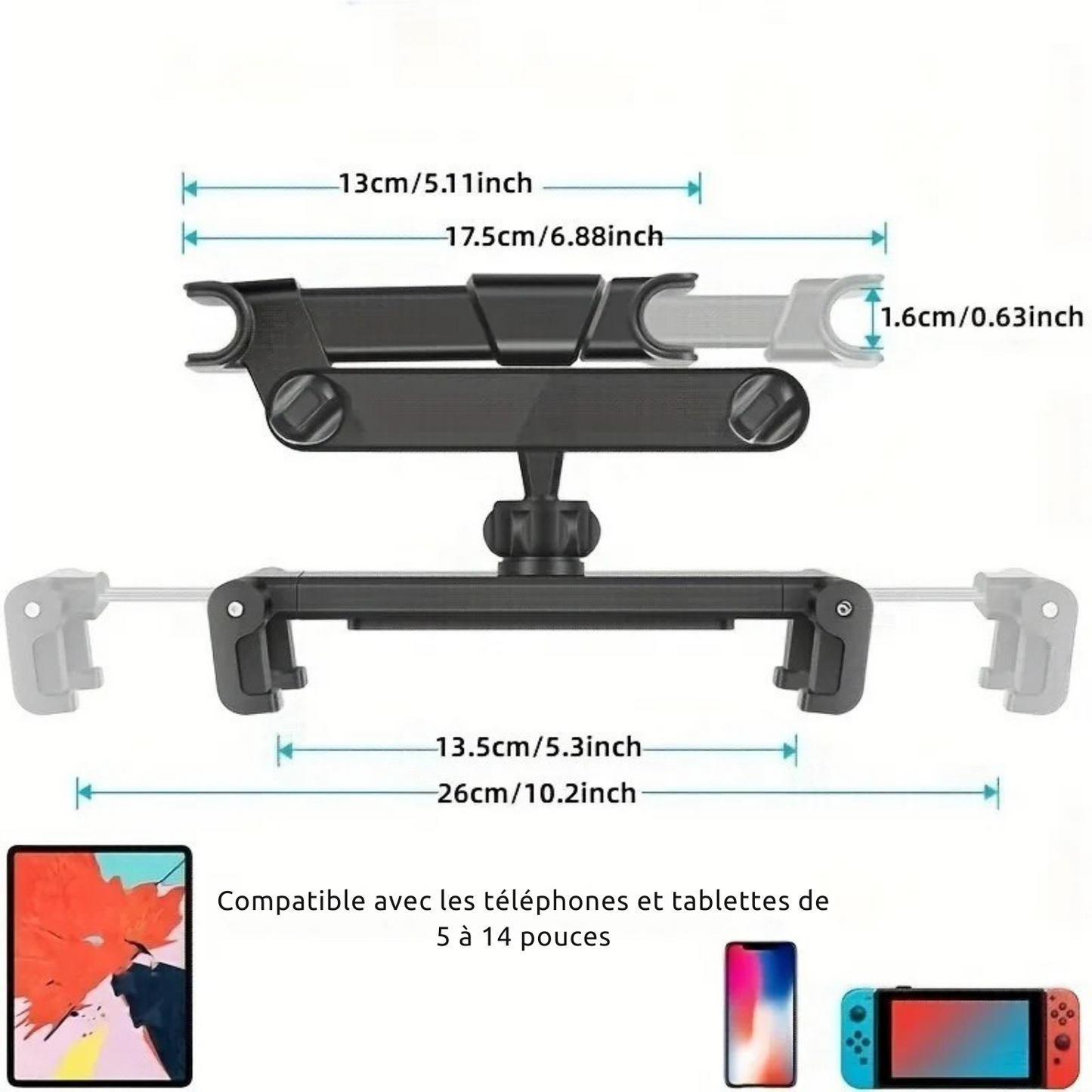 Support Smartphone & Tablette Voiture – Fixation Appuie-Tête Ajustable 5" à 12,9"